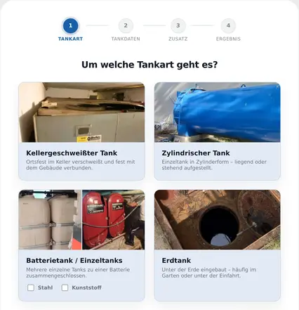 Vorschau: Schritt 1 des Angebotsrechners für Tankanlagen
